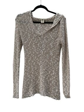 Roxy Beige & White Marled V-Neck Sweater - hooded- Fitted look with Stretch -LG